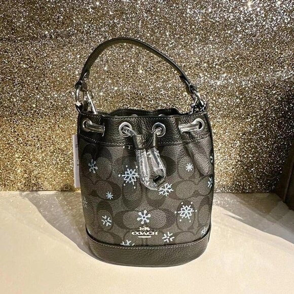 Coach CE587 Dempsey Drawstring Bucket Bag 15 With Snowflake Print Silver/Graphit - Picture 5 of 9